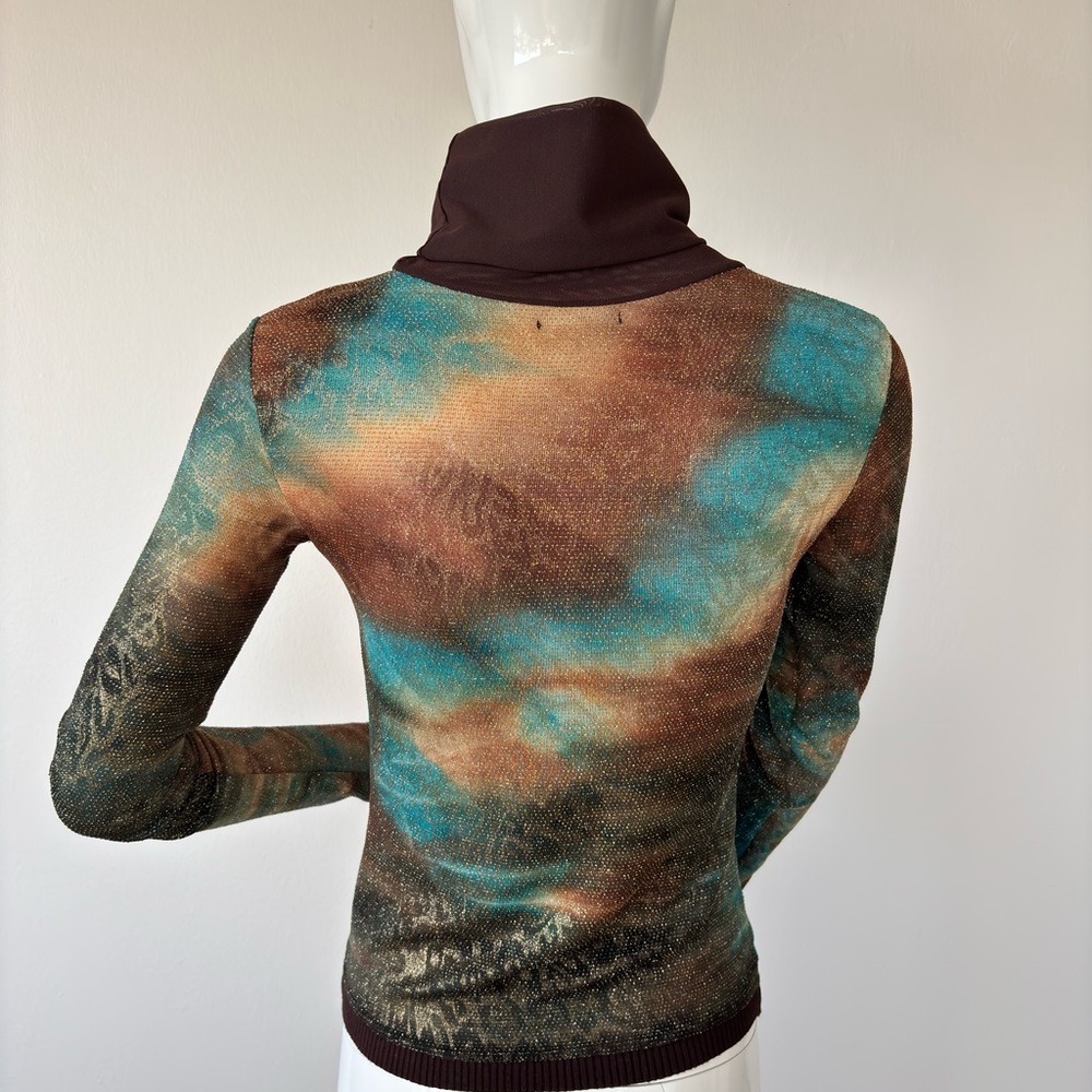 Roberto Cavalli Vintage Lurex Turtleneck Top – Metallic Floral Stretch Mesh - Picture 6 of 7